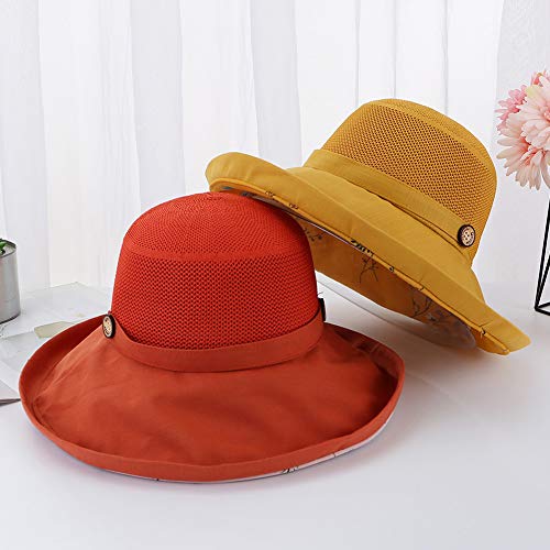 Women Mesh Sun Hats Summer Beach UV Protection UPF Packable Wide Brim Chin Strap - color: Orange-red