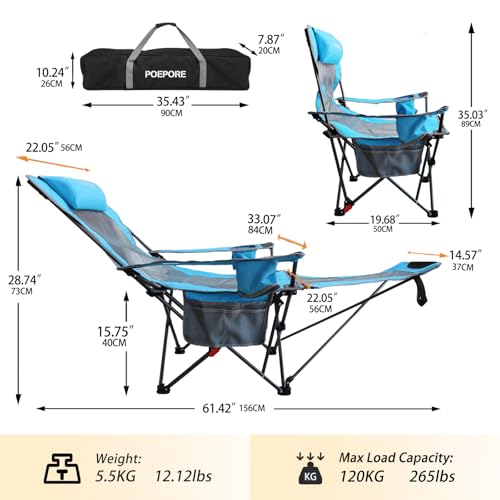 Reclining Camping Chair with Removable Footrest Lounge Chair with Headrest, Cotton Cushion, Portable Adjustable Folding Chairs - color: Blue, size: 1 pack