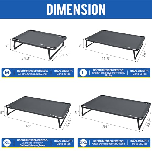 ABCPET Elevated Dog Bed, Outdoor Dog Bed Large Raised Cooling Pet Beds Cots Waterproof Stable and Easy Assembly, Teslin Fabric with 1.2mm Thick Iron Frame, Breathable, Ultra-Sturdy，Grey, 42”*28“*8” - size: 42.0"L x 28.0"W x 8"T