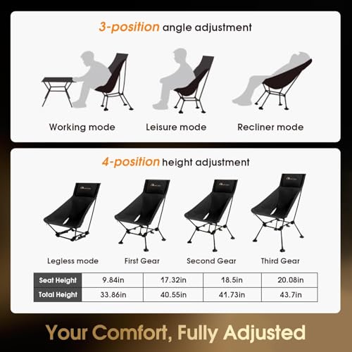 MOON LENCE High Back Folding Camping Chairs, Adjustable Height Beach Chair with Anti-Sinking Feet & Widened Seat (Khaki) - color: New Khaki With Feet 1 Pack