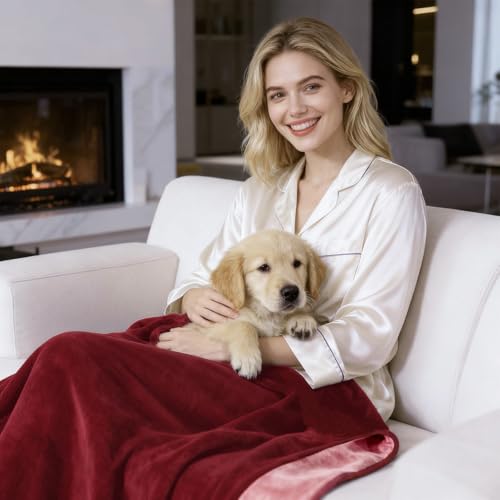 QiyI Waterproof Blanket for Bed Couch Sofa, Small Washable Reversible & Reusable Pet Dog Cat Throw Blanket, Leakproof Stain Resistant Sofa Cover, 40"x60", Burgundy/Pink - color: Burgundy/Rose Pink, size: 40"×60"