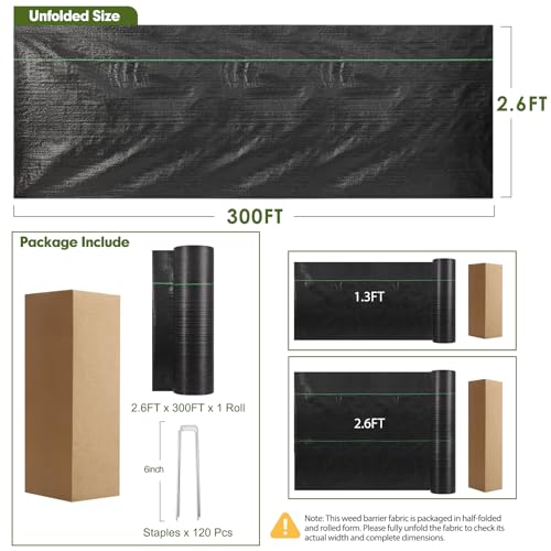 2.6FT x 300FT Weed Barrier Fabric, Garden Cloth Woven Landscape Fabric Heavy Duty with 120 U-Shaped Securing Pegs, Lawn Weed Block Mat Ground Cover for Garden Beds, Farming - size: 2.6FT x 300FT