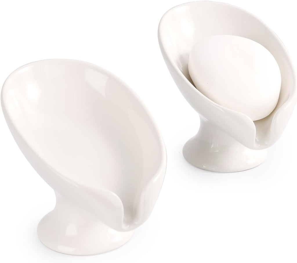 Soap Dish Set, Self Draining Bar Soap Holder for Bathroom Sink, Leaf Shaped Drainage Soap Dish Ceramic White Porcelain Decorative Soap Dishes 2PCS, ANTIS'S HOME
