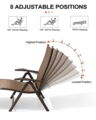 Crestlive Products 2PCS Chaise Lounge Chair Outdoor with 1PC Side Table, Aluminum Folding Patio Recliner Chair, Adjustable 8 Positions Assemble-Free - color: Brown, size: 3 Pcs