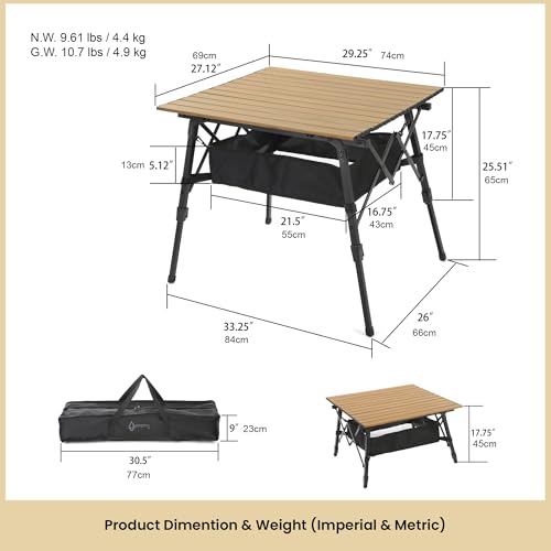 ARROWHEAD OUTDOOR 2-Pack 39" Aluminum Folding Camp Roll Up Table w/Adjustable Height, Undertable Mesh Storage, Carry Bag - color: Wood Grain 2pack