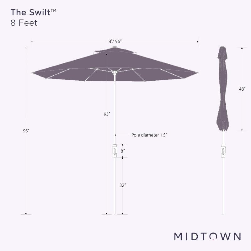 Midtown Umbrellas – The Swilt 8 Ft Patio Umbrellas with 360° Swivel & Tilt Mechanism, 8 Fiberglass Ribs & Terylast Polyester Fabric for Backyard, Deck, Pool & Cafes - Ebony Canopy, Black Pole - color: Terylast Ebony, size: 8 Feet