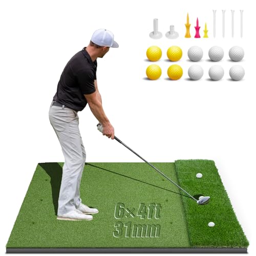 Dual-Turf Golf Mat 31mm: 6x4ft/5X5ft Extra Large Golf Hitting Mats Practice Outdoor Indoor, High-Density Artificial Turf Matt for Garage Simulator Chipping Driving Training, Ideal Gifts for Men Dad - style: 6'X4' X-Large-31mm