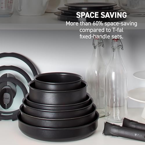 T-fal Ingenio Detachable Handle Cookware Set, Stackable Set. Induction Oven Broiler Safe 500F Cookware, Pots and Pans, Oven, Broil, Dishwasher Safe, 3 Piece set, Onyx Black - color: Black, size: 3-Piece (Induction)