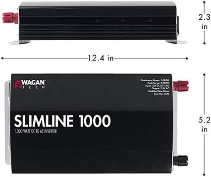 Wagan EL3720 1000W Slimline Plus AC to DC Power Inverter 1000 Watt TrueRated Continuous 2500 Watt Surge Power DC 12V to AC 110V Modified Sine Wave 3 AC Outlets and 2A USB Charging Port