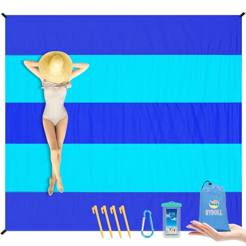 BYDOLL Nylon Beach Blanket Waterproof Sandproof Oversized 7'x7' Suits 1-5 Adults Sand Free Extra Large Blanket Lightweight Soft Picnic Mat for Beach Travel Camping - color: Blue Mix, size: 7'x 7'