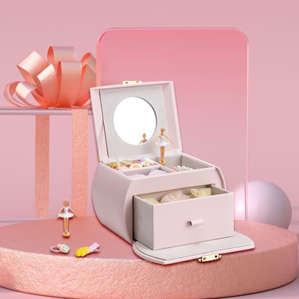 Vlando Musical Jewelry Box with Spinning Ballerina, Lockable Girls’ Jewelry Organizer for Necklaces Rings and Hair Accessories, Gift for Girls and Kids, Barely Pink