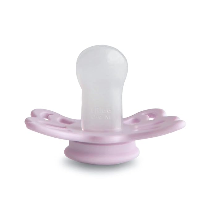 FRIGG Butterfly Anatomical SilkySoft Silicone Baby Pacifier | Made in Denmark | BPA-Free (Soft Lilac/Pretty in Peach, 0-6 Months)