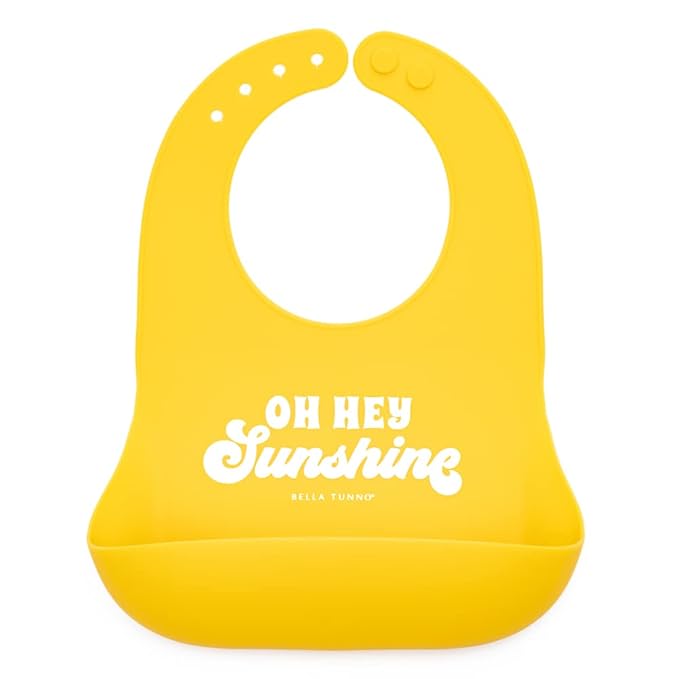 Baby Bib for Eating by Bella Tunno, Waterproof Silicone Bib with Large Food Catcher, Adjustable Fit for Babies 4-12 months & Toddlers 1-3 Years, Boys & Girls, Oh Hey Sunshine
