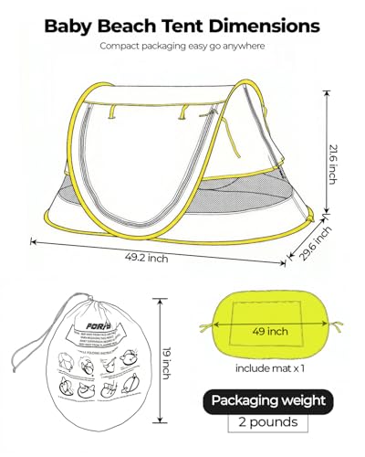 Poray Portable Baby Beach Tent with UPF 50+ Sun Shelter,Mosquito Net and Sunshade, Ideal Pop Up Kids Travel Tent with Carry Bag & 2 Stakes,Outdoor Indoor Play and Sun Protection - style: Large Deluxe Gray & Mat