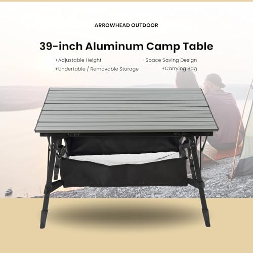 ARROWHEAD OUTDOOR 39" Aluminum Folding Camp Roll Up Table w/Adjustable Height, Undertable Mesh Storage, Carry Bag - color: Grey
