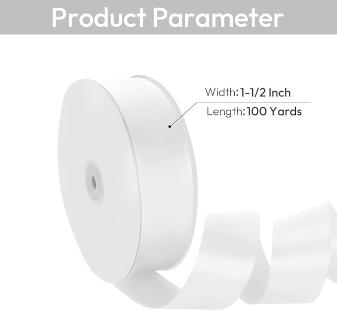 1-1/2" Width x 100 Yards Satin Ribbon, White Ribbon Perfect for DIY Craft, Bows, Gift Wrapping, Flower Bouquet, Valentine's Day, Christmas and Party Decoration
