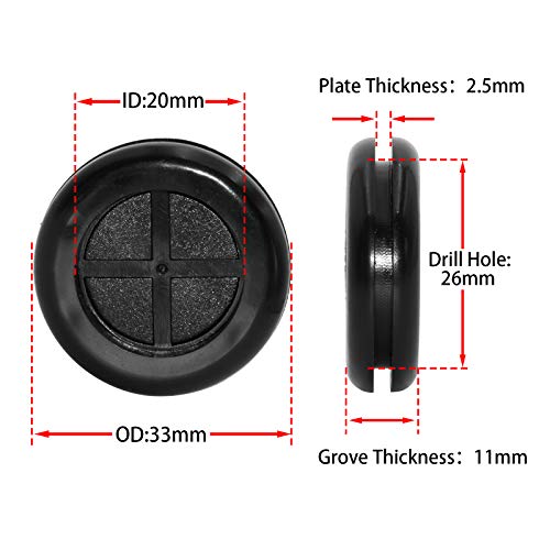 Flyshop 4-Pack Round Rubber Hole Plugs, 26 mm 1-1/32" Drill Hole, 20 mm 13/16" ID, Black Double-Sided Synthetic Rubber Grommets Wire Protection - size: 1-1/32" (Drill Hole Size)
