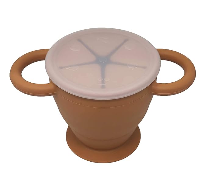 BraveJusticeKidsCo | Snack Attack II Snack Cup | Collapsible Silicone Snack Container | Toddler and Baby Snack Catcher Lid (Honey Ginger)