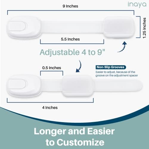 5-Pack Child Proof Cabinet Latches for Drawers, Cupboards, Fridge Toilet Seat, Dishwashers, Trash Can, Up to 37lb Pull Force - Adjustable Length, 3M Adhesive, No Drilling Child Safety Locks, White