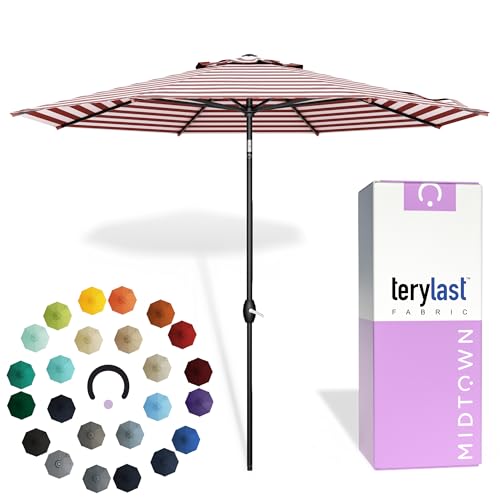 MIDTOWN UMBRELLAS The Lean 8 Feet Outdoor Umbrella With Terylast Red Stripes (Red/White Stripes) Polyester Fabric - 8 Ribs Aluminum Frame Patio Umbrella With Zinc Alloy Crank Lift And Auto-Tilt System - color: Terylast Fabric - Apple Stripes, size: 8 Foot