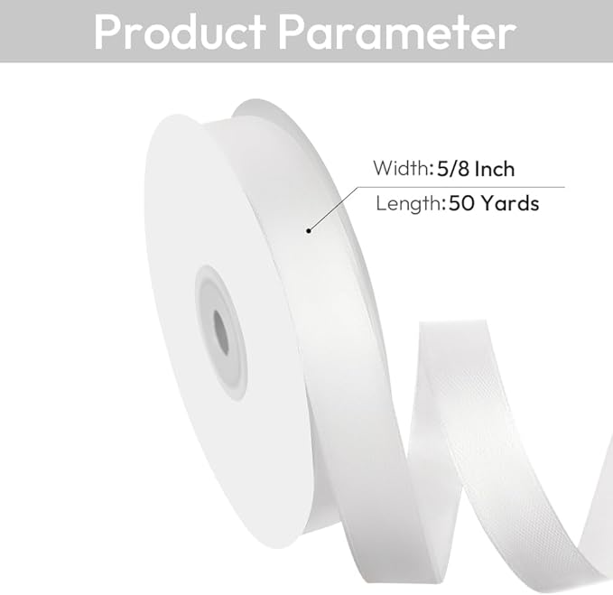 5/8" Width x 50 Yards Satin Fabric Ribbon, White Ribbon Perfect for DIY Bows, Swags, Gift Wrapping, Craft, Flower Bouquet，Christmas and Party Decoration