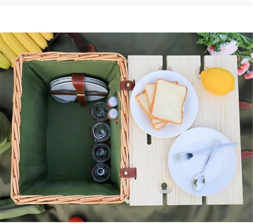 Rattan Picnic Basket Set with Shoulder Strap - Portable Insulated Outdoor Picnic Box with Cover & 4-Piece Camping Tableware
