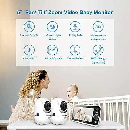 HelloBaby Upgrade 5’’ Baby Monitor with 30-Hour Battery, 2 Cameras Pan-Tilt-Zoom, 1000ft Range Video Audio Baby Monitor No WiFi, VOX, Night Vision, 2-Way Talk, 8 Lullabies and Temperature