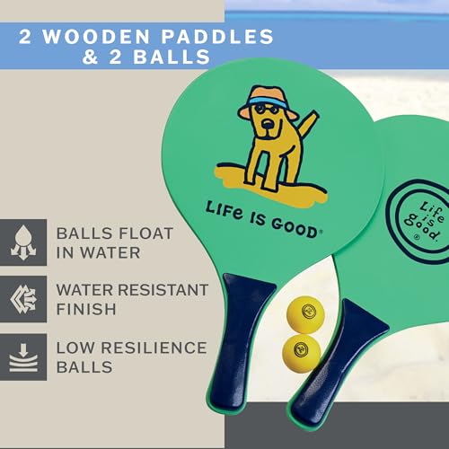 Life is Good Wooden Paddle Ball Set (Green Rocket Dog), 2 Thick Wood Paddles and 2 Balls, Classic Beach and Backyard Toss Game for Kids and Adults, Outdoor Summer Lawn and Park Activity - color: Green Rocket Dog