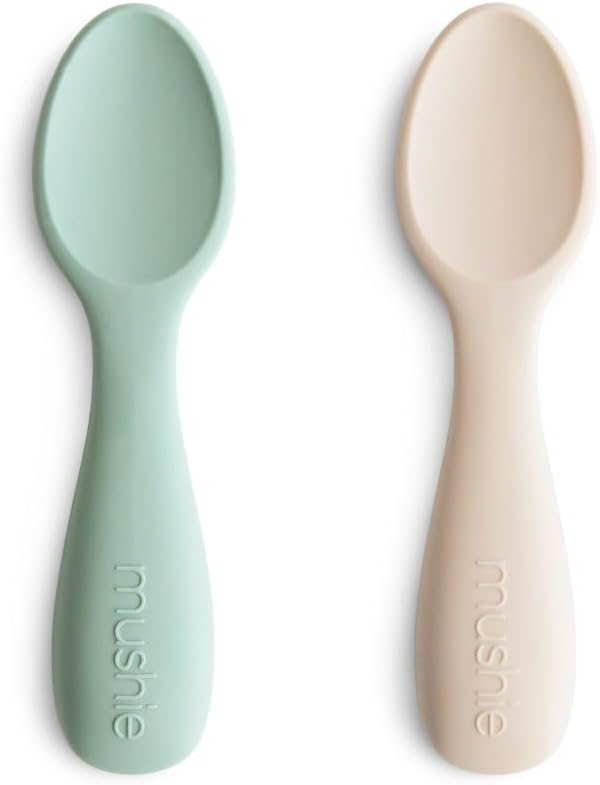 mushie Silicone Toddler Starter Spoons | 2 Pack (Cambridge Blue/Shifting Sand)