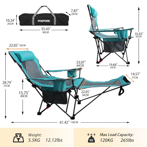 Reclining Camping Chair with Removable Footrest Lounge Chair with Headrest, Cotton Cushion, Portable Adjustable Folding Chairs - color: Cyan, size: 1 pack