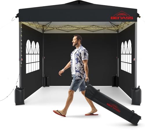 10x10 Pop Up Canopy with Sidewalls, Easy Up Canopy Tent, Heavy Duty Tents for Parties, One Person Set Up Event Tent, Black