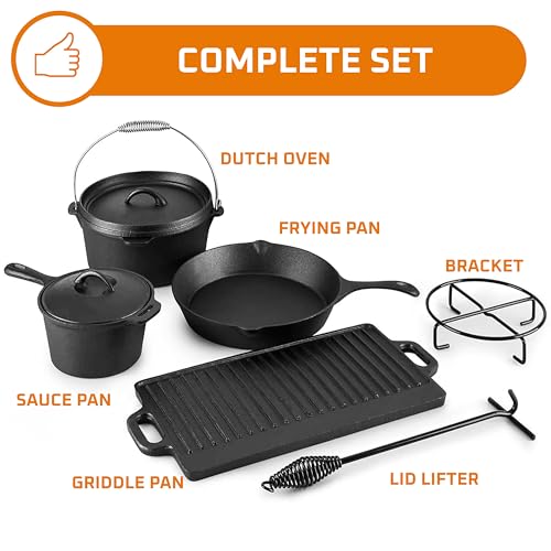 Bruntmor Camping Cooking Set Of 7. Pre Seasoned Cast Iron Pots And Pans Dutch Oven With Lids For Outdoor Comefire. Grill Cookware Skillet Sets With Storage Box