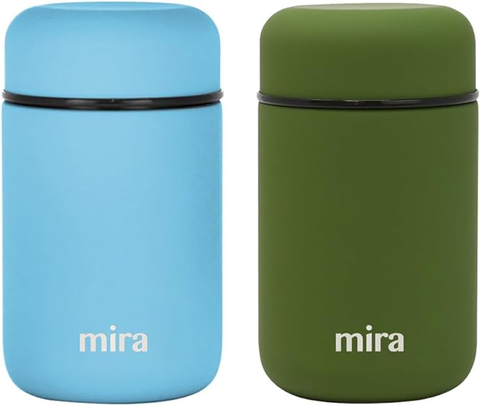 MIRA 2 Pack Insulated Food Jar Thermos for Hot Food & Soup, Compact Stainless Steel Vacuum Lunch Container, 13.5 oz, Pearl Blue, Olive Green