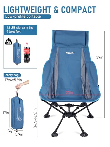 WildCall Lightweight Folding High Back Camping Chair with Head Support, Compact Beach Chair with Anti-Sinking Large Feet and Three Tilt Angles Adjustment - color: 2 X Blue High Back