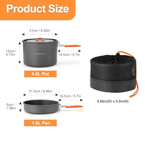 Odoland Camping Cookware Mess Kit, Non-Stick Lightweight Camping Pot and Fry Pan Set with Mesh Bag for Backpacking, Outdoor Cooking and Picnic - size: 4L Pot + 1.5L Fry Pan