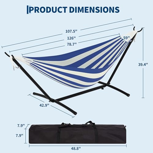 TrailBlaze Double Hammock with Steel Stand - 2 Person Outdoor & Indoor Space-Saving Patio Hammock - Heavy-Duty, 450 lbs Capacity, Easy Setup for Backyard, Garden, Camping - Blue and White Stripes - color: Blue White Stripes