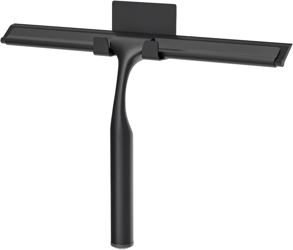 Stainless Steel Shower Squeegee for Glass Doors, Multi-Purpose Squeegee for Shower Glass, Bathroom and Car Windows, Squeegee with Adhesive Hook-10”, Black