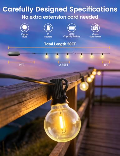 Brightever 50FT Solar String Lights Outdoor with Remote, 18+1 LED Shatterproof G40 Bulbs, 3 Lighting Modes & Timable, Waterproof Dimmable Solar Power Patio Lights for Camping, Backyard, Party - size: 50ft