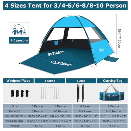 COMMOUDS Beach Tent Sun Shade for 3/4/6/8 Person, UPF 50+ Beach Sun Shelter Canopy Tent, Lightweight, Easy Set Up and Carry - color: Sky Blue with Dark Shelter, size: 6 Person