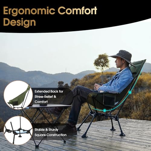 MOON LENCE High Back Folding Camping Chairs, Adjustable Height Beach Chair with Anti-Sinking Feet & Widened Seat (Khaki) - color: New Khaki With Feet 1 Pack