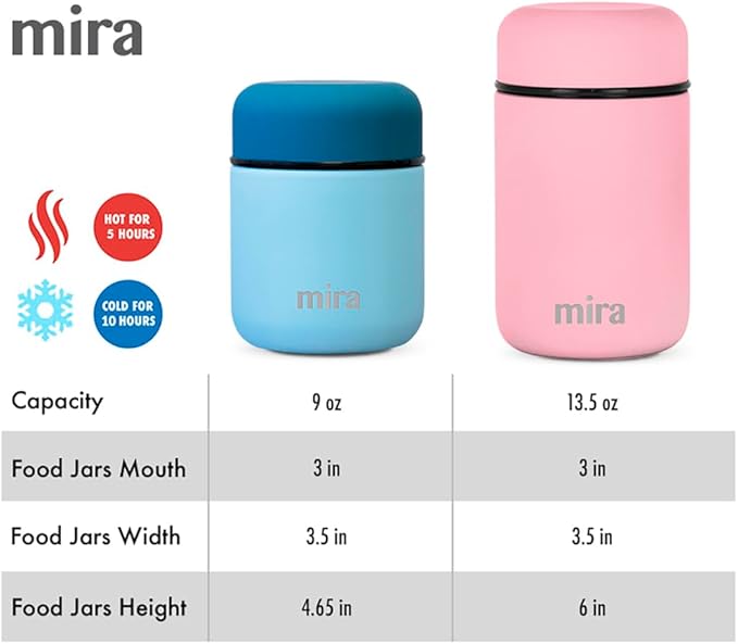 MIRA 2 Pack Insulated Food Jar Thermos for Hot Food & Soup, Compact Stainless Steel Vacuum Lunch Container, 13.5 oz, Denim, Rose Pink