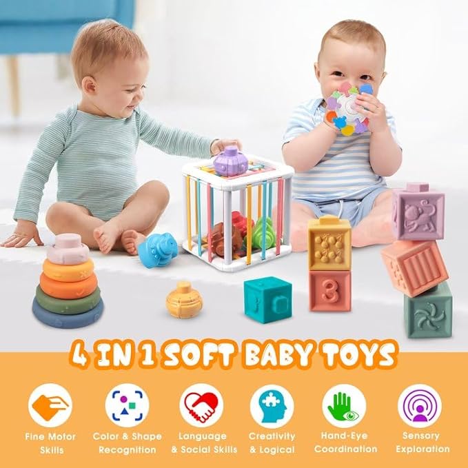 4-in-1 Baby Toys for 6-12 Months, Montessori Soft Stacking Blocks for Babies, Infants Teething Toys, Sensory Balls and Educational Learning Set for Toddlers (Boys & Girls)