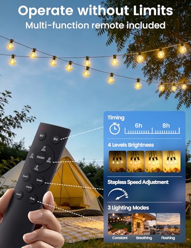 Brightever 50FT Solar String Lights Outdoor with Remote, 18+1 LED Shatterproof G40 Bulbs, 3 Lighting Modes & Timable, Waterproof Dimmable Solar Power Patio Lights for Camping, Backyard, Party - size: 50ft