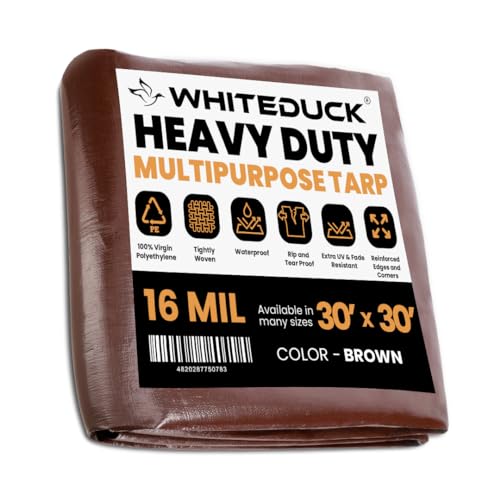 WHITEDUCK Super Heavy Duty Poly Tarp Cover 16 Mil & 10 Mil with Grommets and Reinforced Edges (Brown, White & Silver Black) (Brown- 16 Mil, 30' x 30') - color: Brown- 16 Mil, size: 30' x 30'