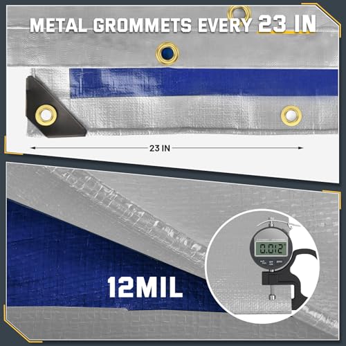 Kesfitt 12 Mil Heavy Duty Waterproof Tarp with Metal Grommets, 20x30 ft, Silver & Blue Reversible Poly Tarp for Outdoor Protection, Yard, Worksite, Pools, Vehicles, Equipment Coverage - size: 20x30 ft
