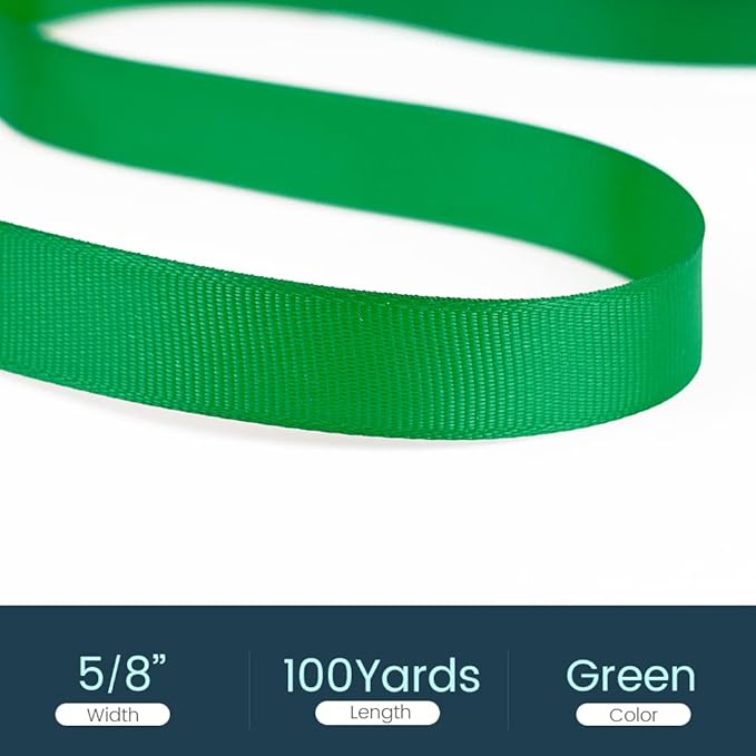 5/8" X 100 Yards Green Grosgrain Ribbon, Premium Grosgrain Ribbon for Sewing, Gift Wrapping, Bow Making, Wedding Decor, Wrapping and More (Green)