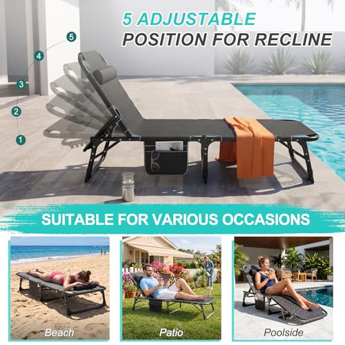 ABORON 3-in-1 Folding Patio Lounge Chair, 440LB Heavy-Duty Tri-Fold Guest Bed with Plush Cotton Cushion, No Assembly Adjustable Recliner for Office Nap, Patio Sunbathing, Poolside & Camping - color: Khaki Shadow