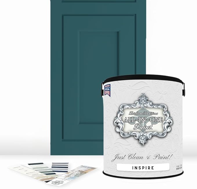 ALL-IN-ONE Paint, Durable cabinet and furniture paint. Built in primer and top coat, no sanding needed. Includes our 30 featured color card - Inspire (deep teal), Gallon