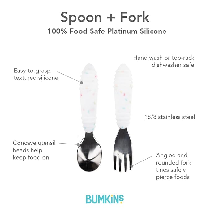 Bumkins Toddler Utensils, Kids Size Fork and Spoon Set, Silicone and Stainless-Steel Training Silverware, Angled Forks/Sporks Feeding, Children Hold Learning to Eat, 18 Mos Up, Vanilla Sprinkles