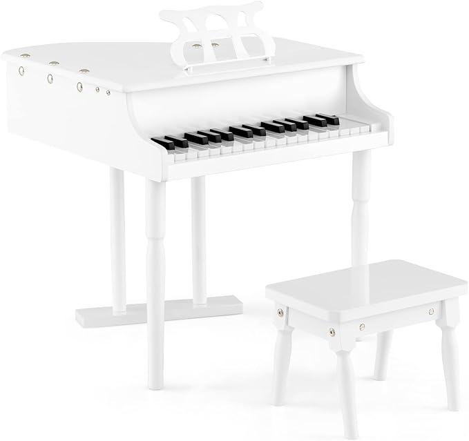 Goplus 30-Key Classical Kids Piano, Mini Grand Piano Wooden Learn-to-Play Musical Instrument Toy with Bench, Piano Lid, Music Rack, Gift for Boys Girls Aged 2+ Baby Toddler(3 Straight Leg-White)